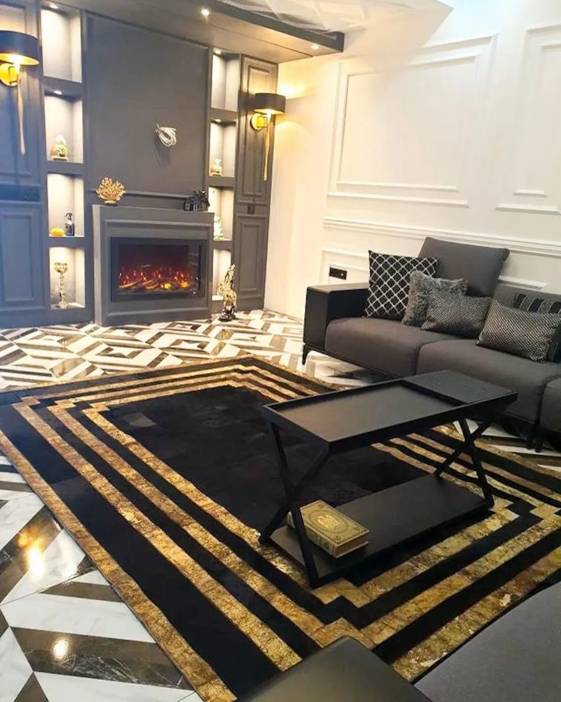100% Natural Cowhide Leather Rug , Black And Copper Patchwork Area Rug