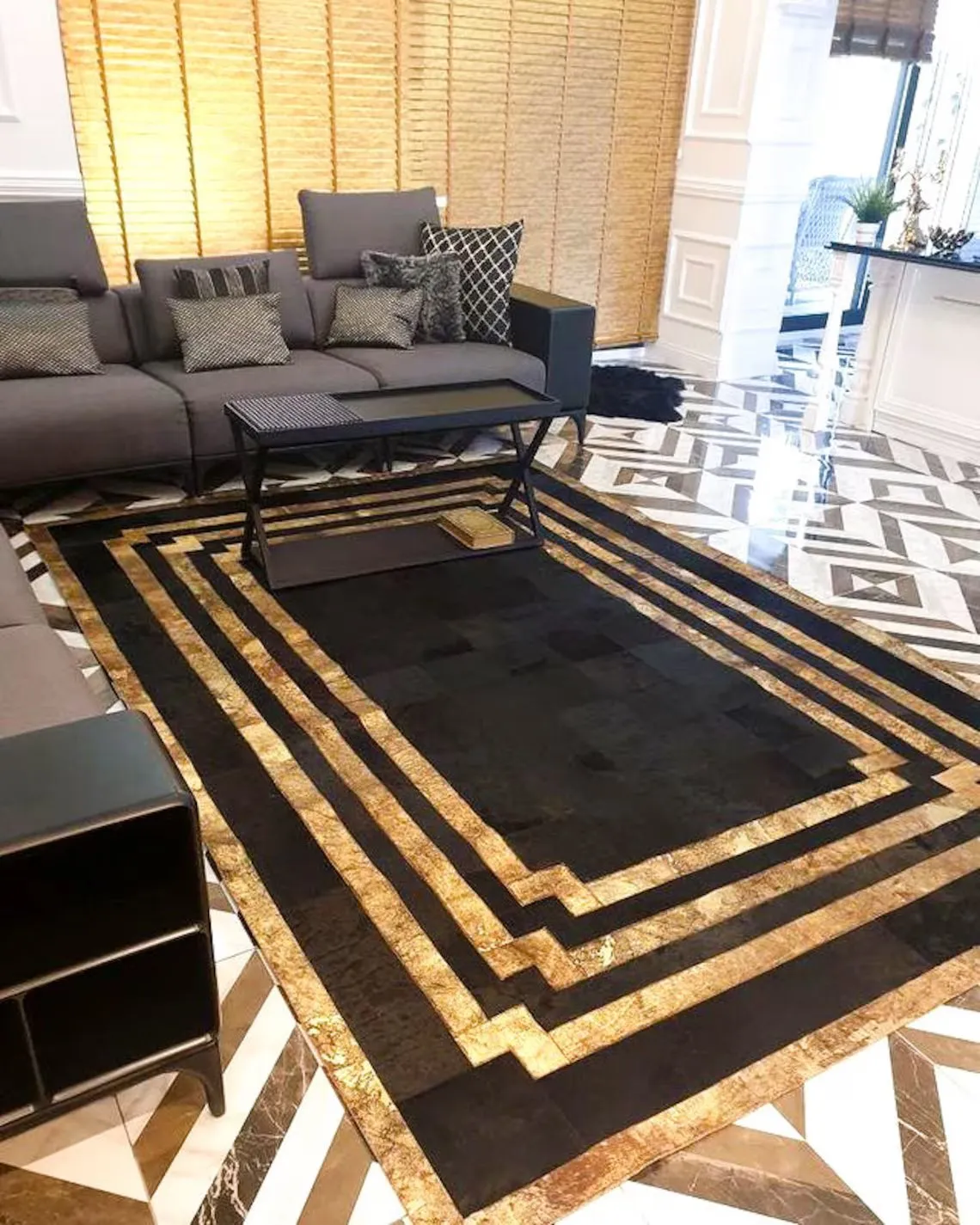 100% Natural Cowhide Leather Rug , Black And Copper Patchwork Area Rug