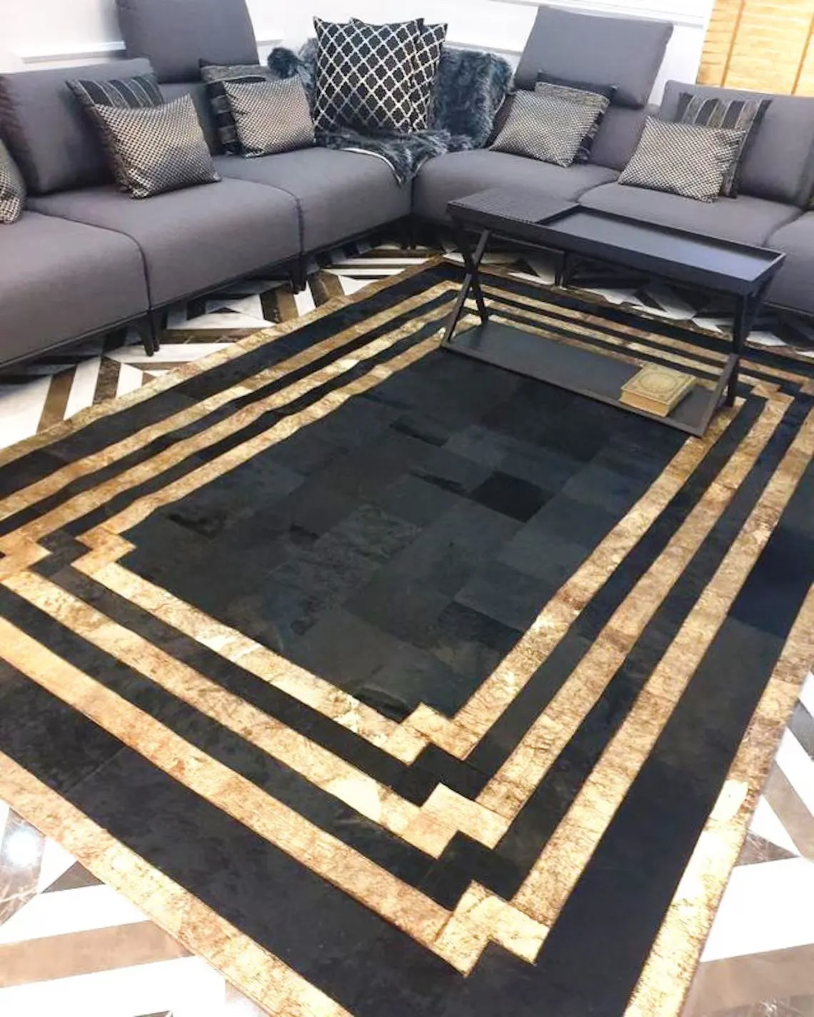 100% Natural Cowhide Leather Rug , Black And Copper Patchwork Area Rug