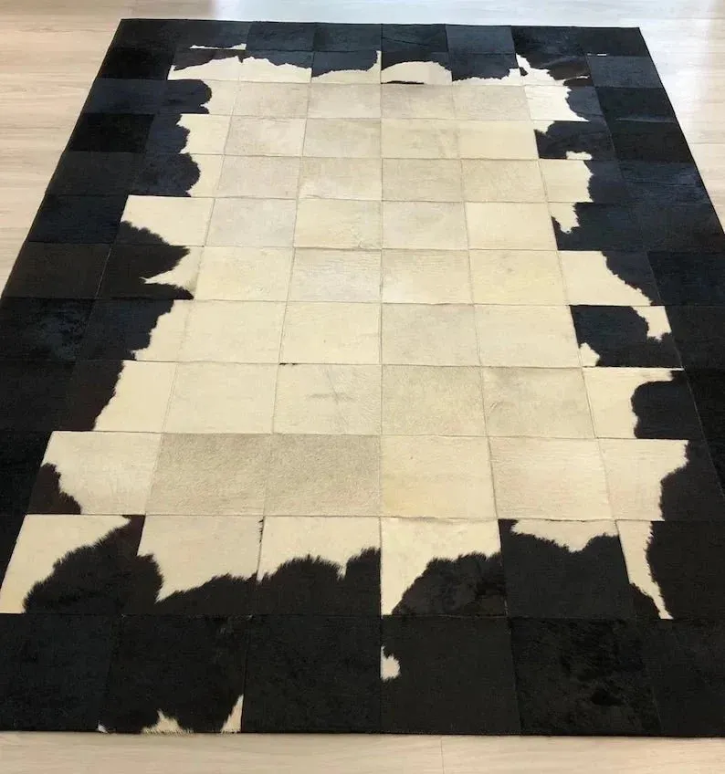 Black and White 100% Genuine Handmade Cow Skin 10x8 Carpet, Natural Cowhide Patchwork 10x8 Rug