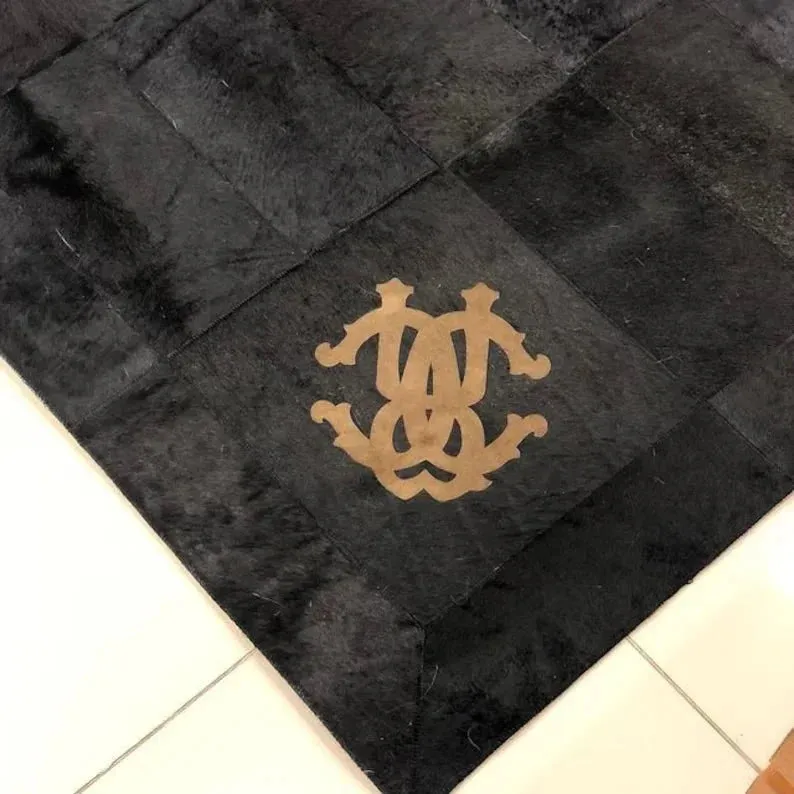 Black Cowhide Patchwork Rug for Living Room Decor, Handmade Rug Natural Leather Cow Skin