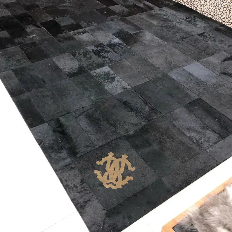 Black Cowhide Patchwork Rug for Living Room Decor, Handmade Rug Natural Leather Cow Skin