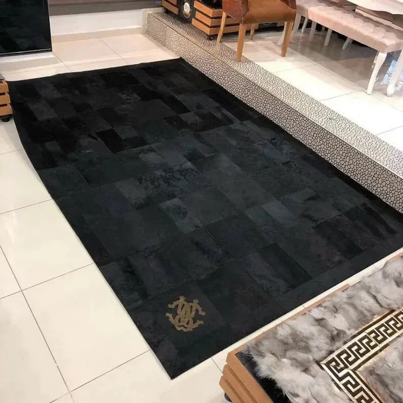 Black Cowhide Patchwork Rug for Living Room Decor, Handmade Rug Natural Leather Cow Skin
