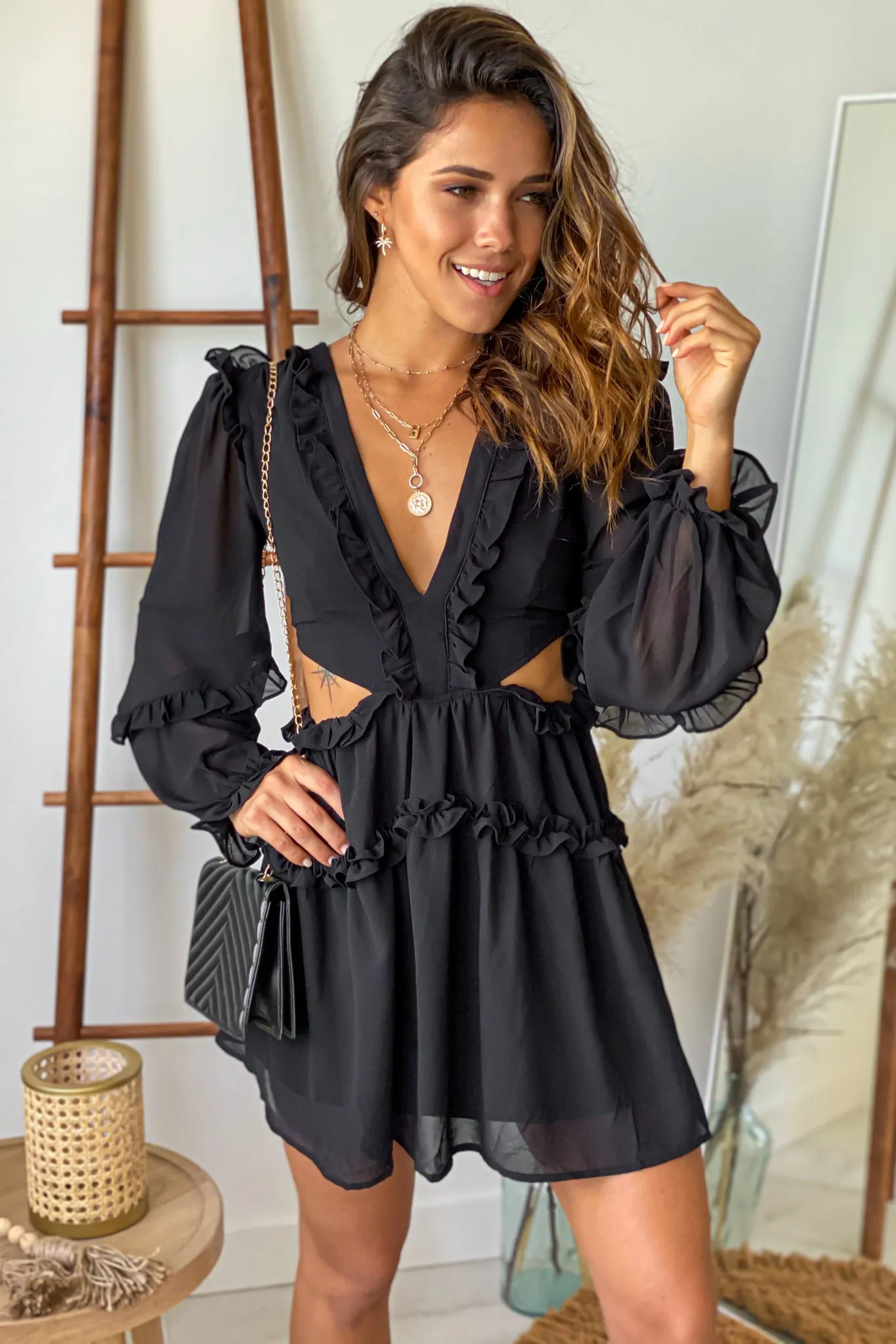 Black Cut Out Short Dress with Strappy Back