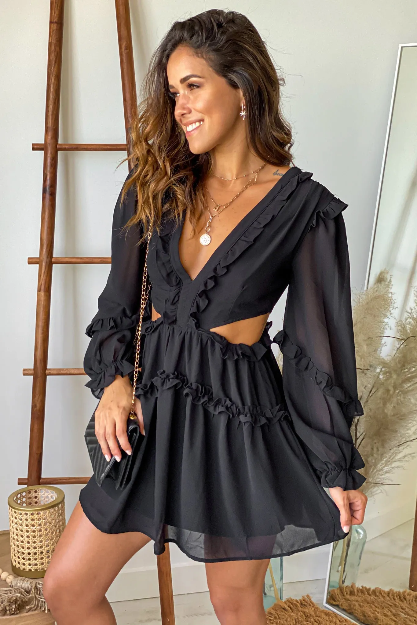 Black Cut Out Short Dress with Strappy Back