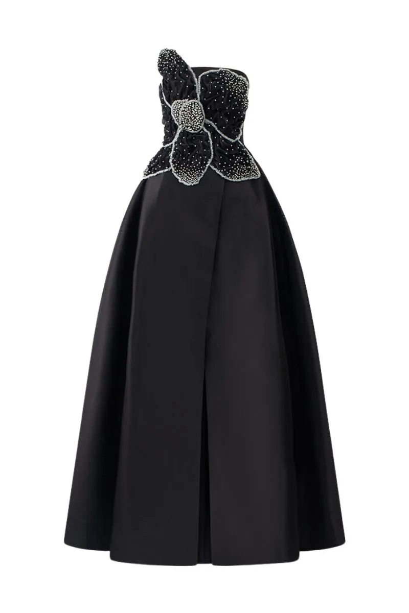 BLACK STRAPLESS ORCHID PATTERNED A-LINE GOWN