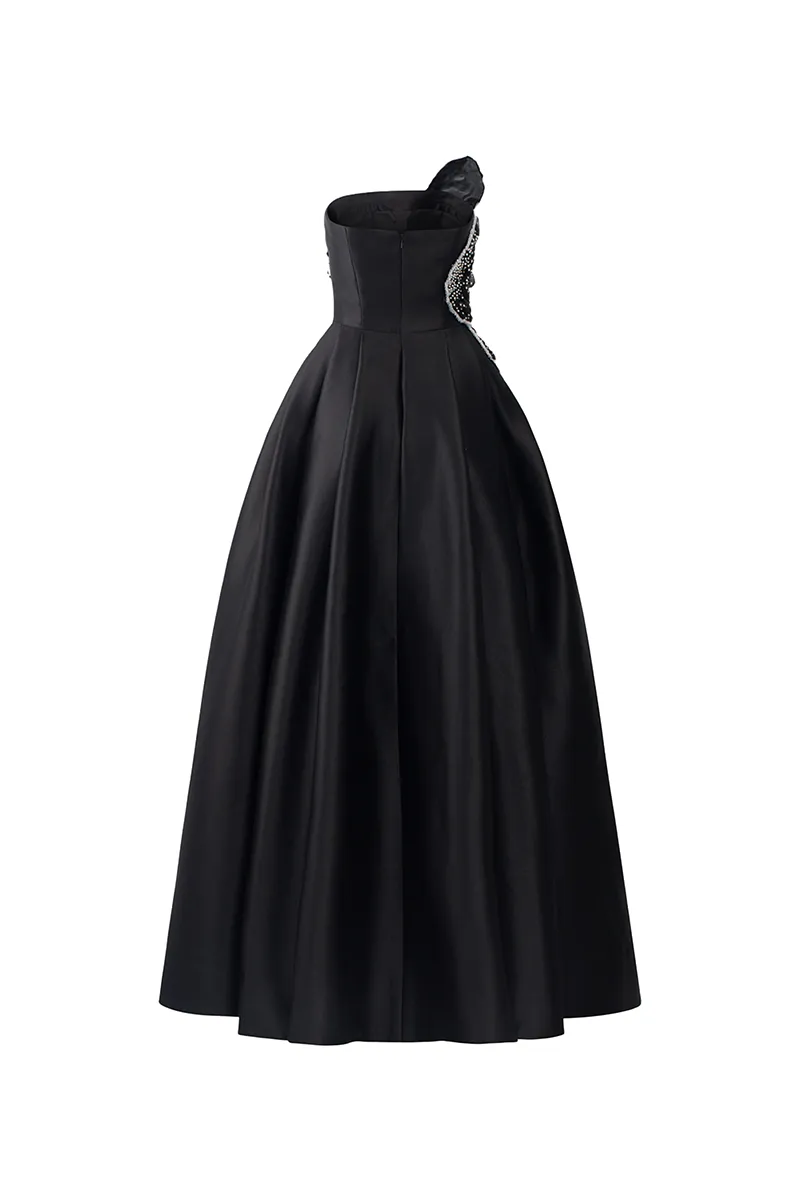 BLACK STRAPLESS ORCHID PATTERNED A-LINE GOWN