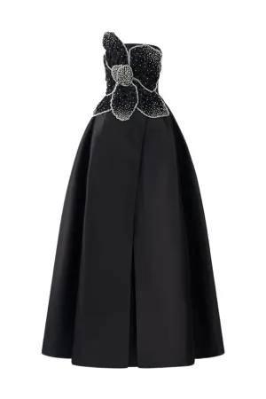 BLACK STRAPLESS ORCHID PATTERNED A-LINE GOWN