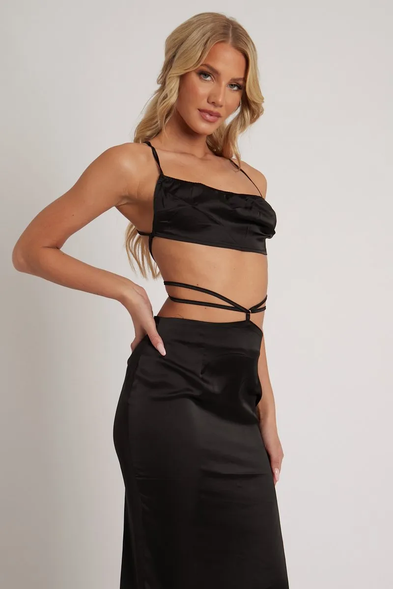 Black Tie Wrap Around Satin Crop Top & Skirt Co-Ord - Aalaysia