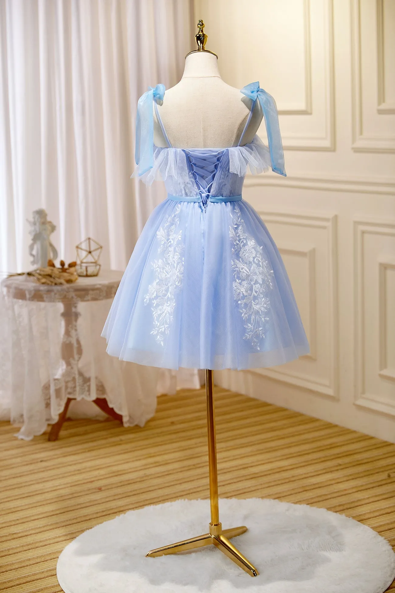 Blue Lace Knee Length Prom Dress Lovely A-Line Homecoming Dress