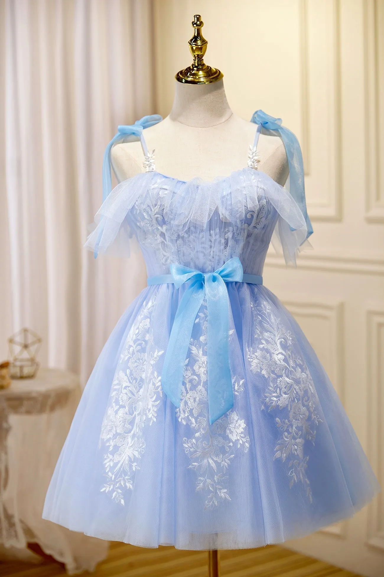 Blue Lace Knee Length Prom Dress Lovely A-Line Homecoming Dress