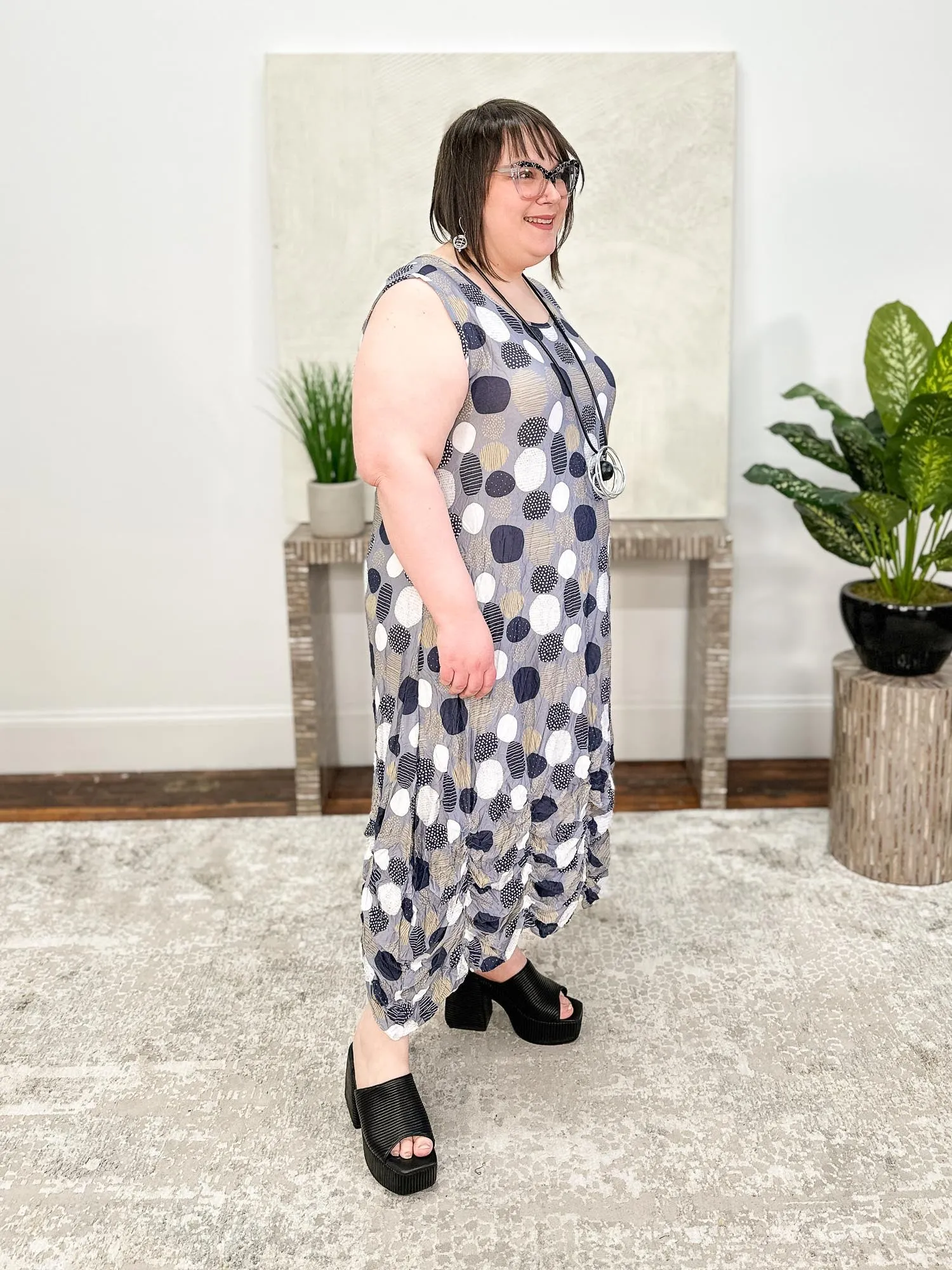 Euro Crush Sleeveless Printed Gather Bottom Dress, Grey