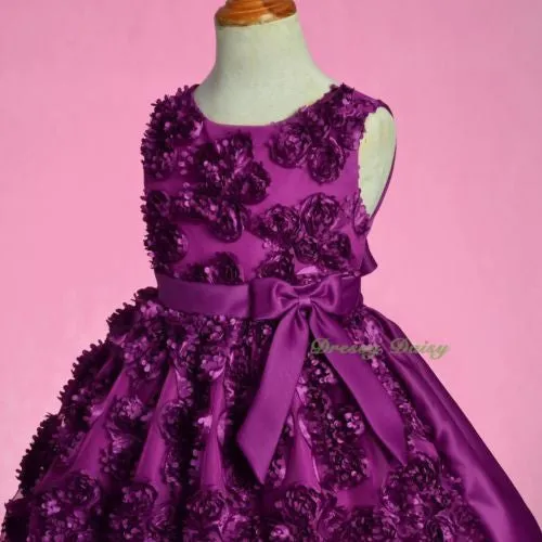 FG329 Round Neckline Embossed Flower Wedding Party Birthday Dress Purple Size 4-6X