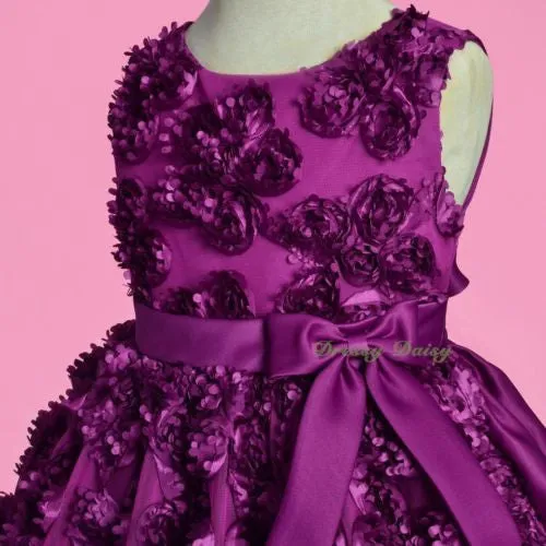 FG329 Round Neckline Embossed Flower Wedding Party Birthday Dress Purple Size 4-6X