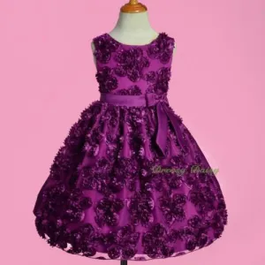 FG329 Round Neckline Embossed Flower Wedding Party Birthday Dress Purple Size 4-6X