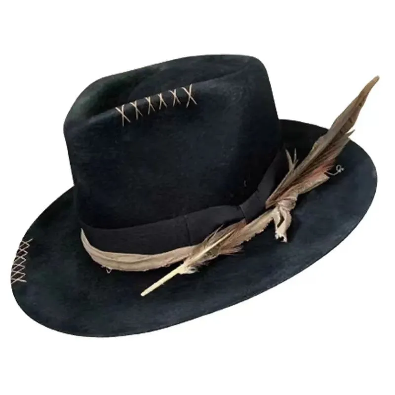 Optimized Title: Stylish Frontier Nomad Fedora with Patchwork Design and Feather Accent