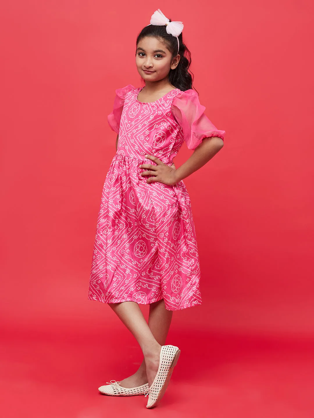 Girl's Pink Bandhani Print Empire Dress - Aks Girls