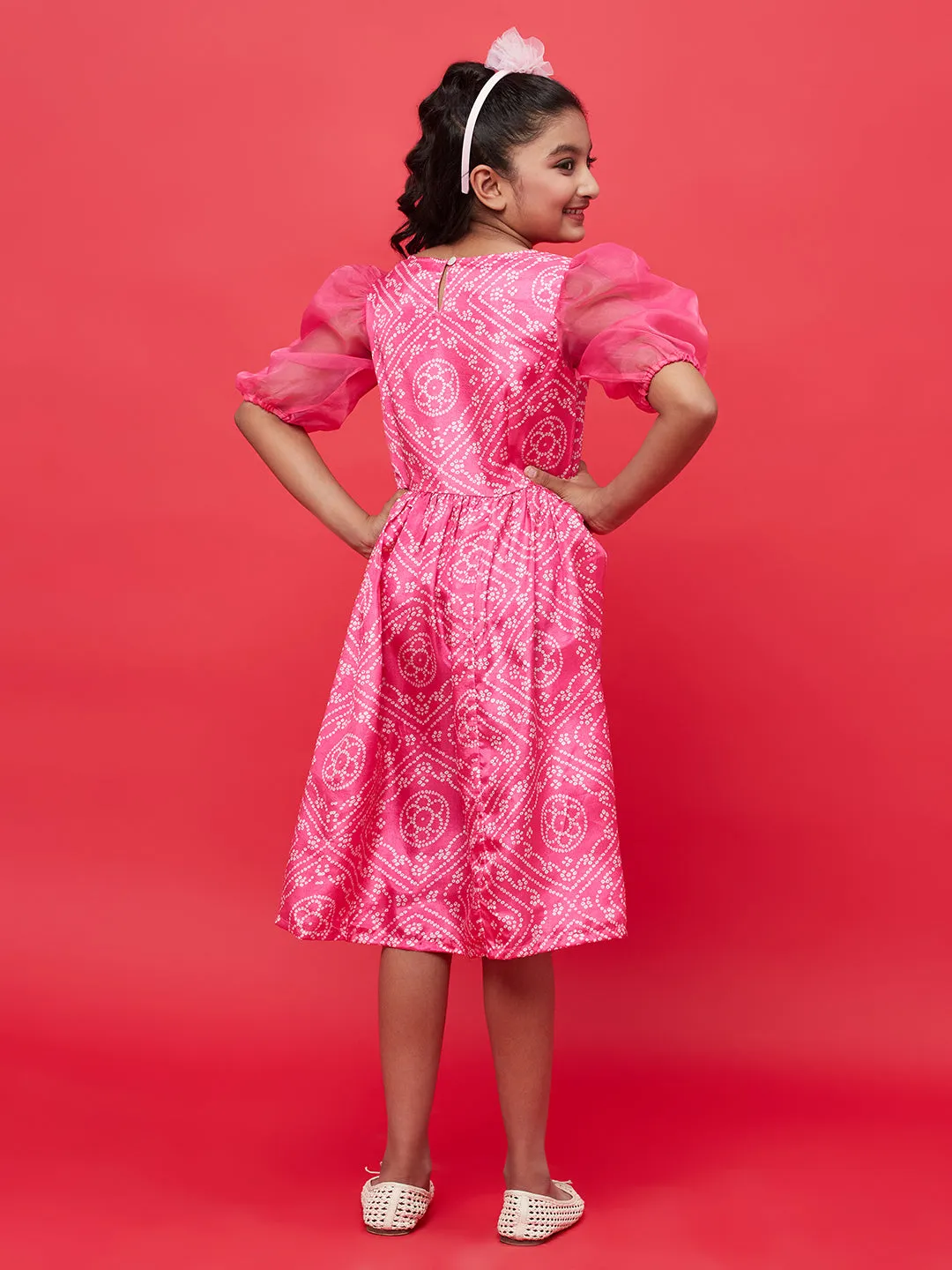 Girl's Pink Bandhani Print Empire Dress - Aks Girls