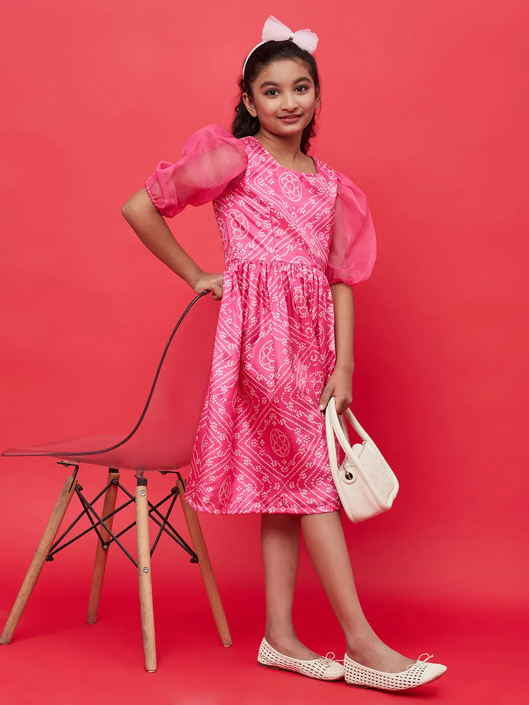 Girl's Pink Bandhani Print Empire Dress - Aks Girls