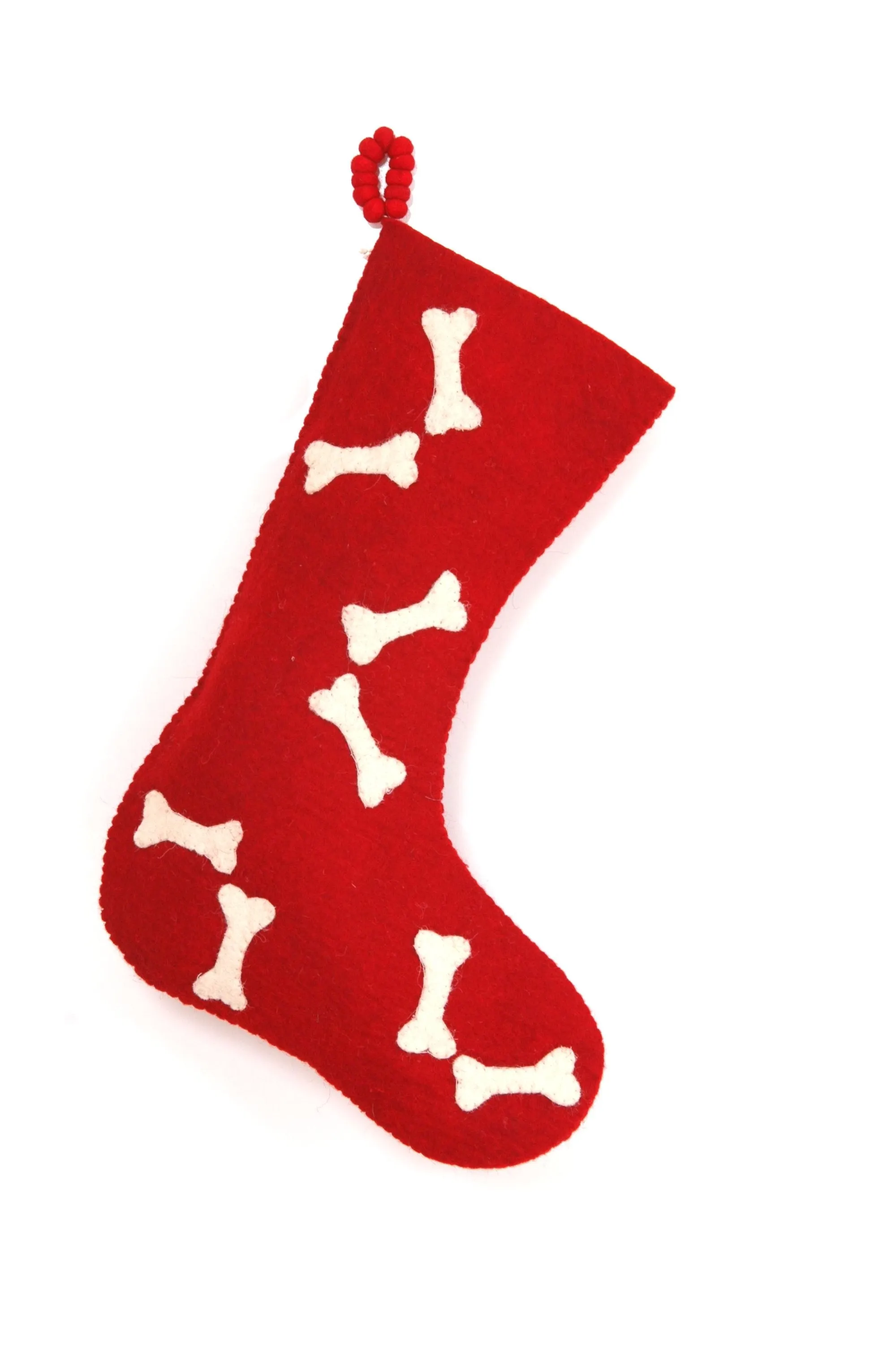 Hand Felted Wool Christmas Stocking - Bones on Red
