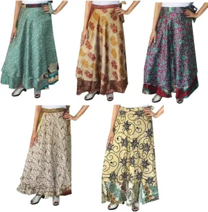 Maple Clothing Women's Indian Vintage Sari Skirts Magic Wrap Around Long Silk Boho Two Layers Multicolored Wholesale 5 Pcs Lot