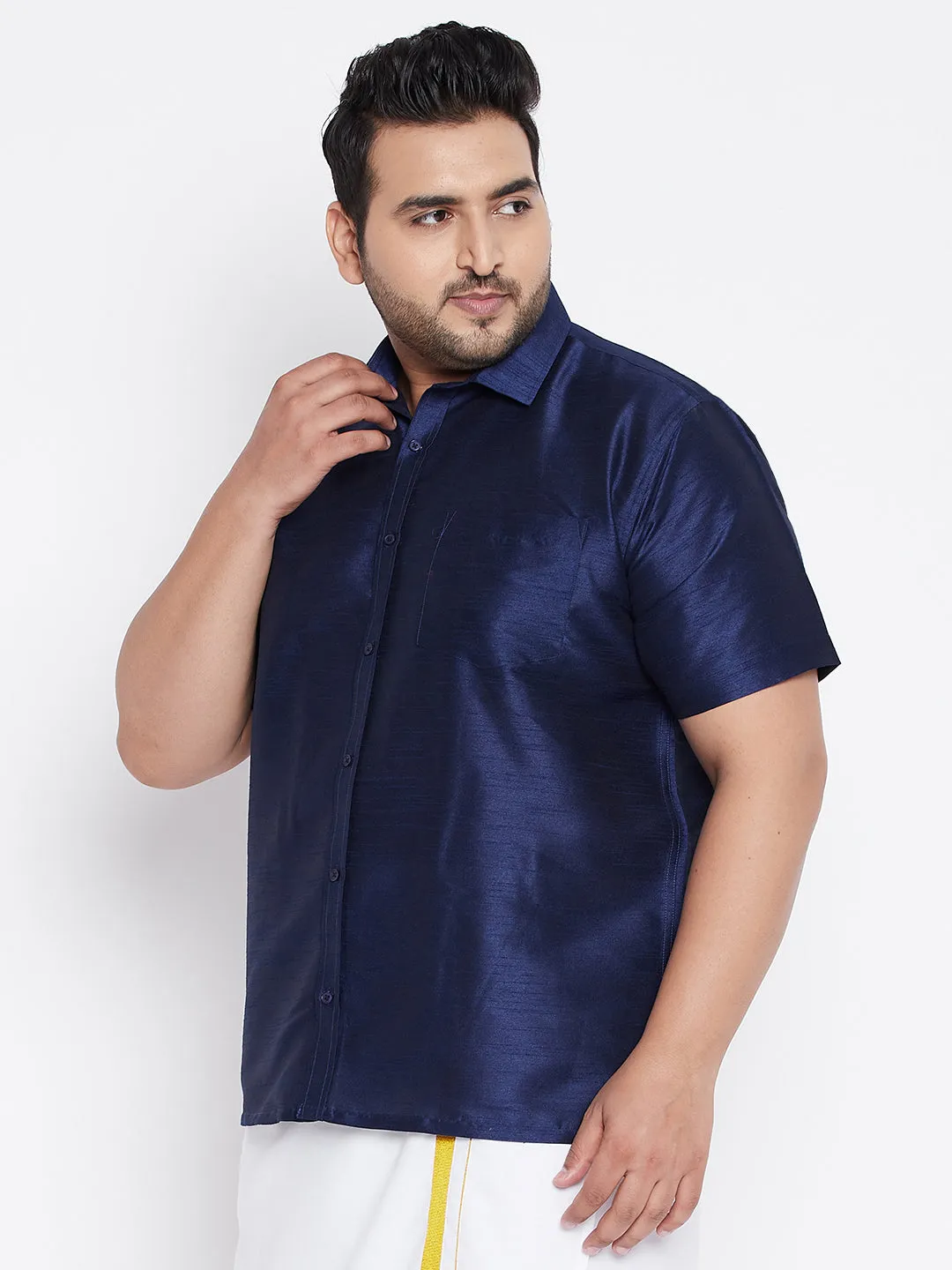 Men's Plus Navy Blue Silk Blend Ethnic Shirt - Vastramay