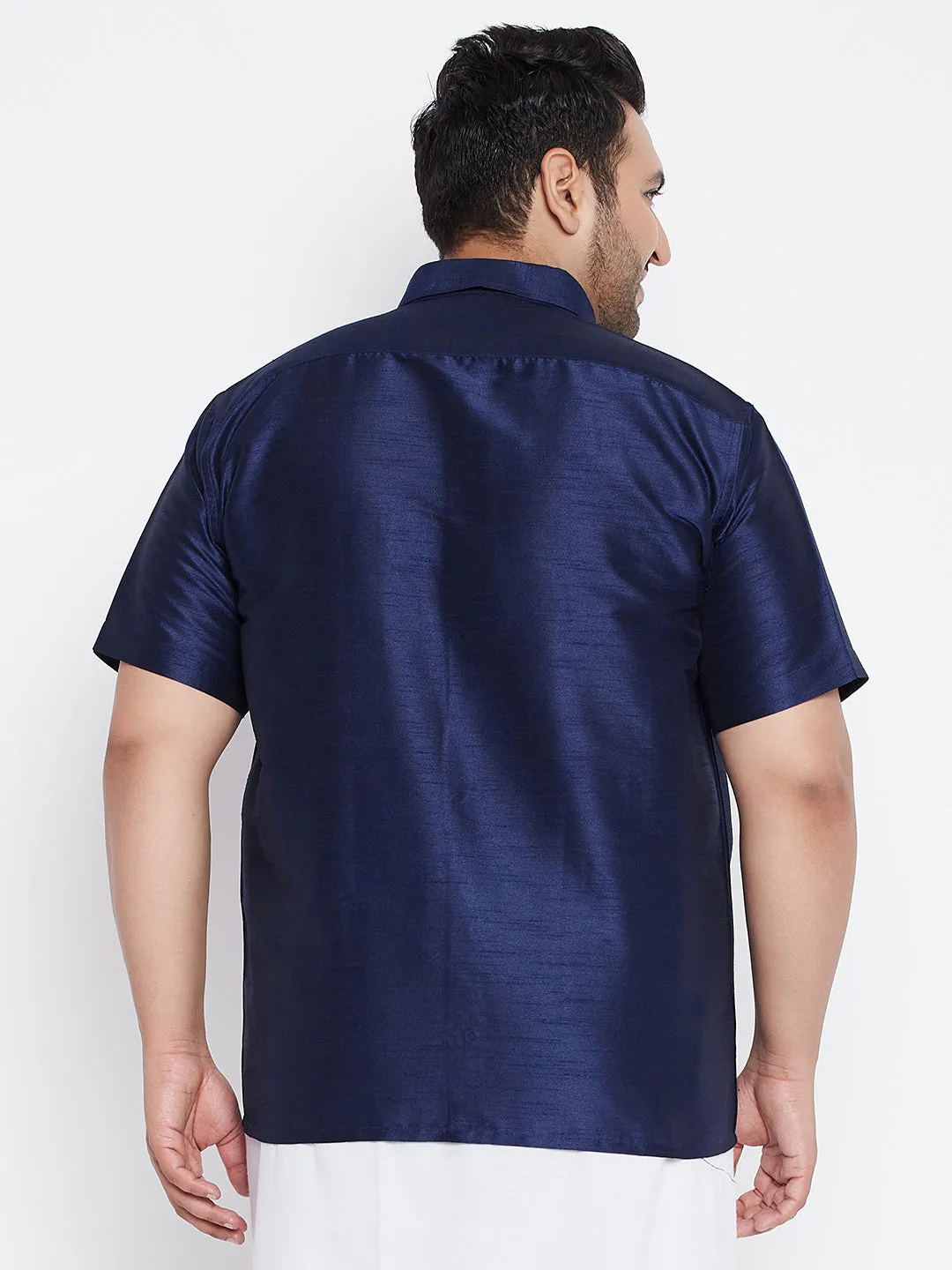 Men's Plus Navy Blue Silk Blend Ethnic Shirt - Vastramay