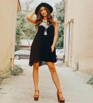 Mesh Embroidered Dress, Black