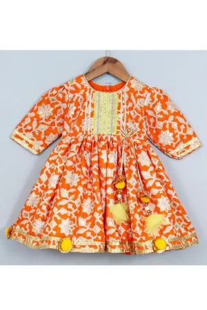 Orange With Golden Printed And Lace Detailing Dress