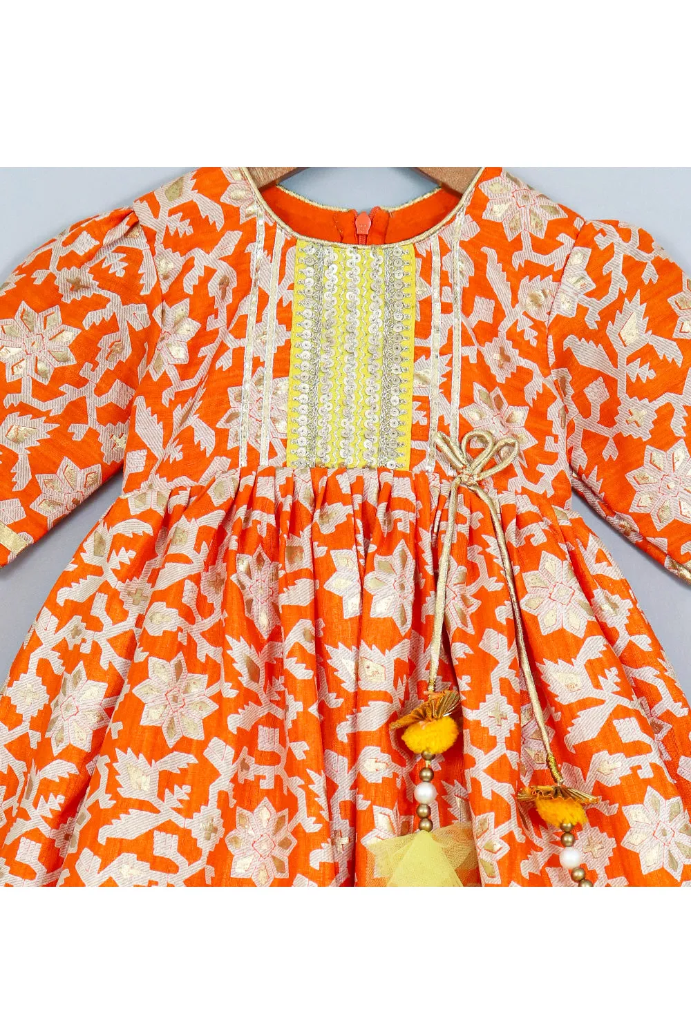Orange With Golden Printed And Lace Detailing Dress