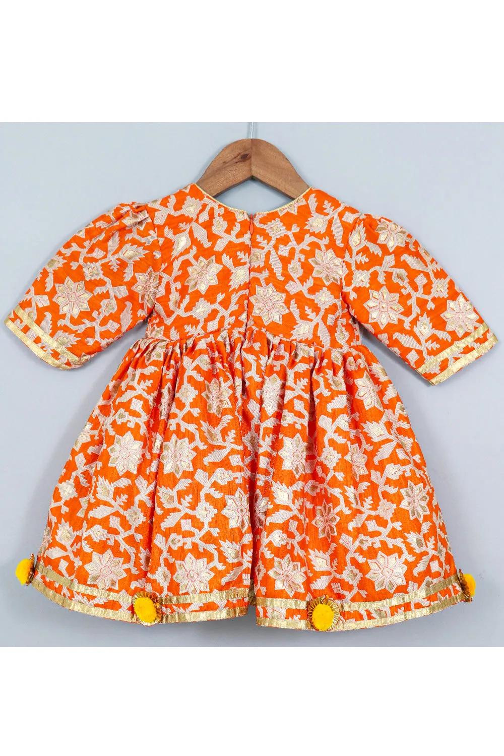 Orange With Golden Printed And Lace Detailing Dress