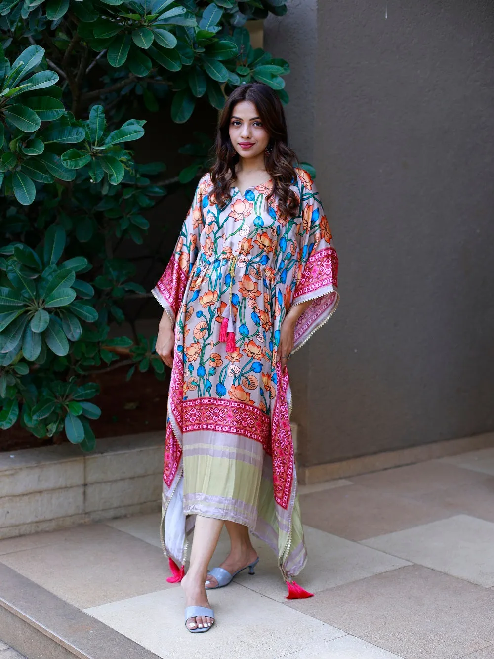 Pink Color Digital Printed Pure Gaji Silk Kaftan