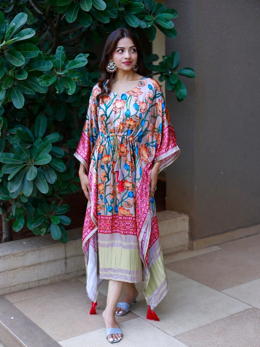 Pink Color Digital Printed Pure Gaji Silk Kaftan