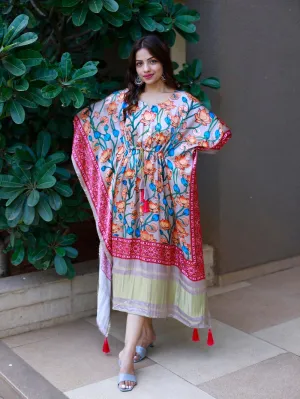 Pink Color Digital Printed Pure Gaji Silk Kaftan
