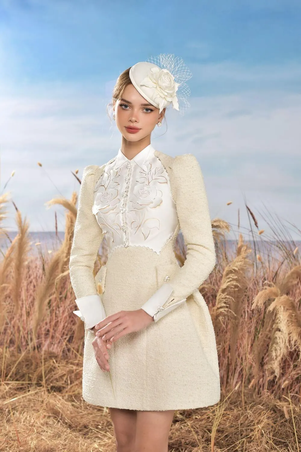 Pinter A-line Wings Collar Tweed Mini Dress