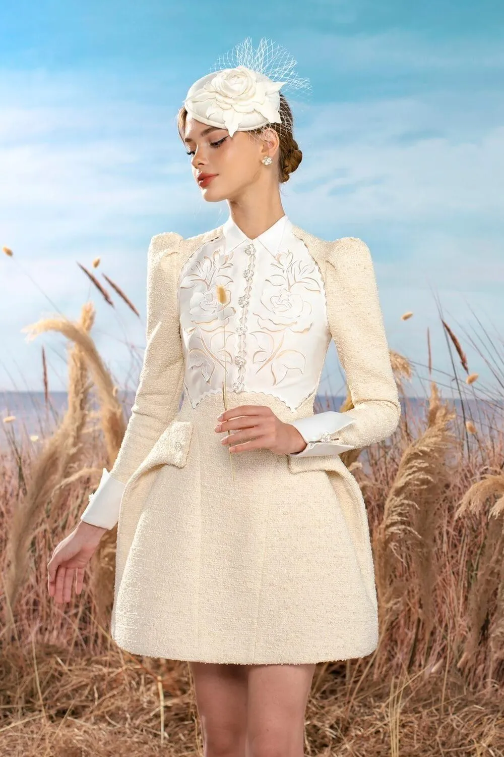 Pinter A-line Wings Collar Tweed Mini Dress