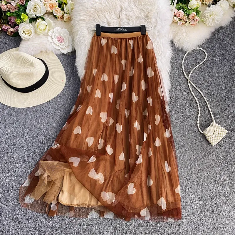 Print Mesh Pleated Skirt High Waist A Line Knee Length Skirt 1694