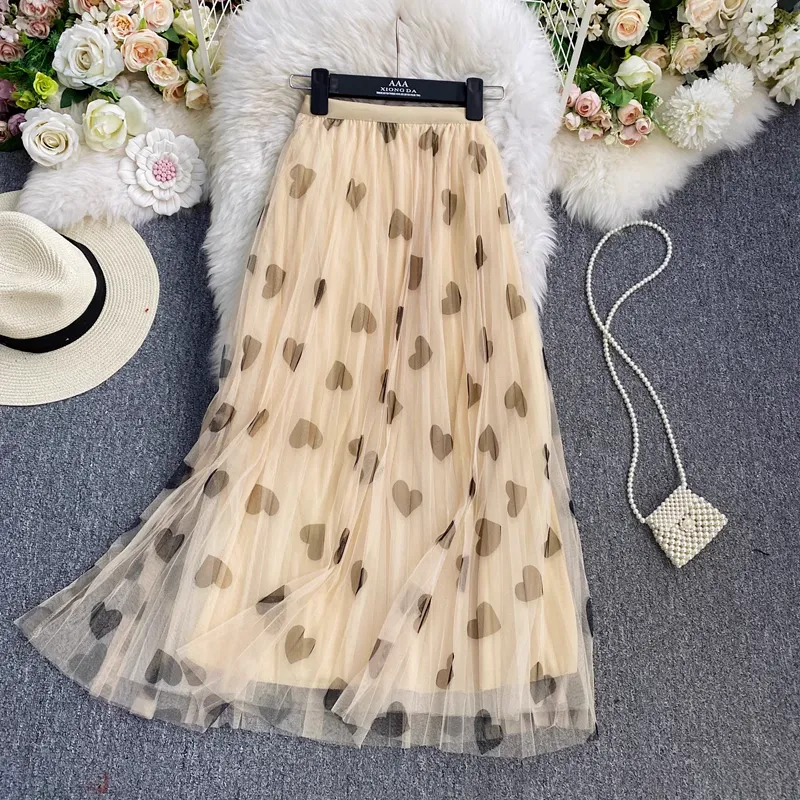 Print Mesh Pleated Skirt High Waist A Line Knee Length Skirt 1694