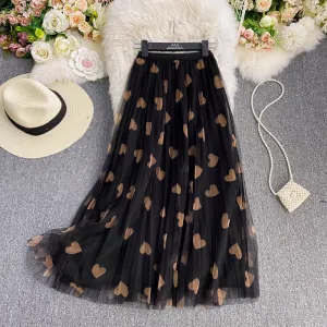 Print Mesh Pleated Skirt High Waist A Line Knee Length Skirt 1694