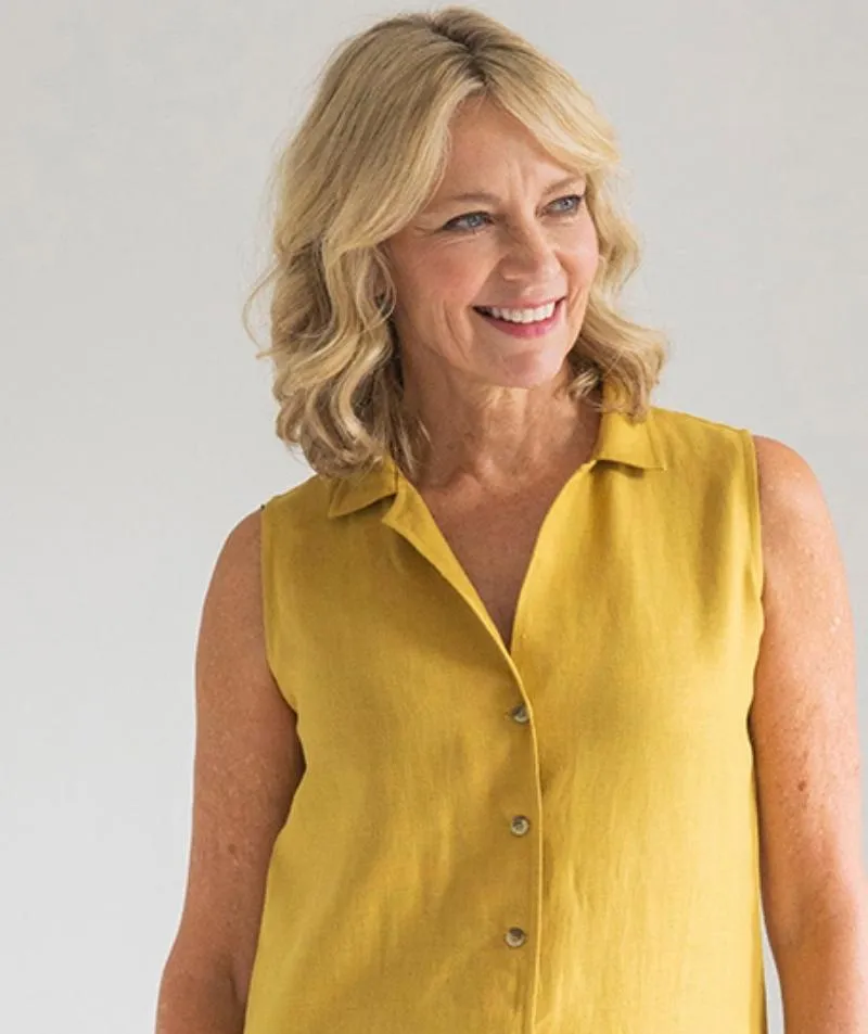 SAMPLE SALE<br>Mustard Linen Sleeveless Shirt<br>Medium