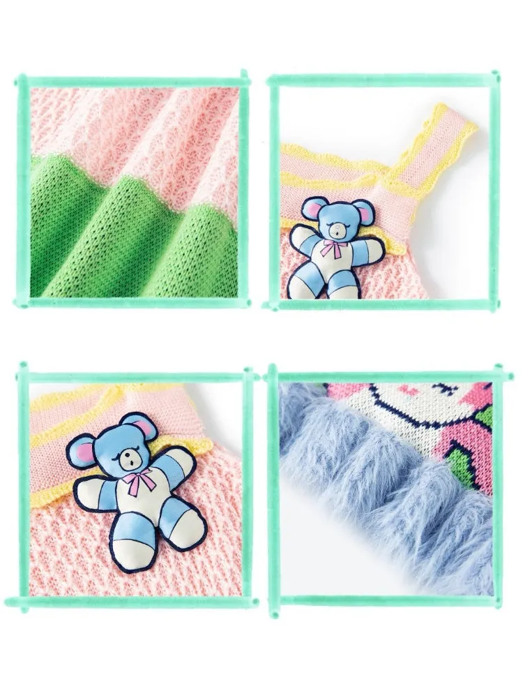 Shimizu Illustration Sleeping Bear Fur Edge Knit Camisole Sweater【s0000003659】