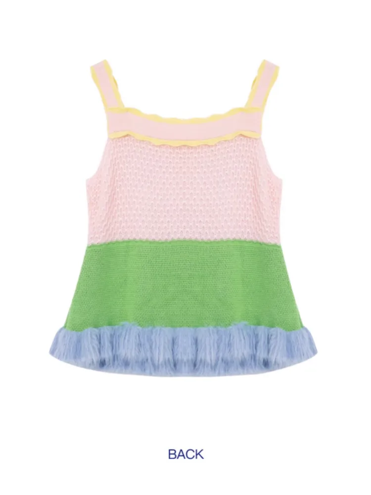 Shimizu Illustration Sleeping Bear Fur Edge Knit Camisole Sweater【s0000003659】