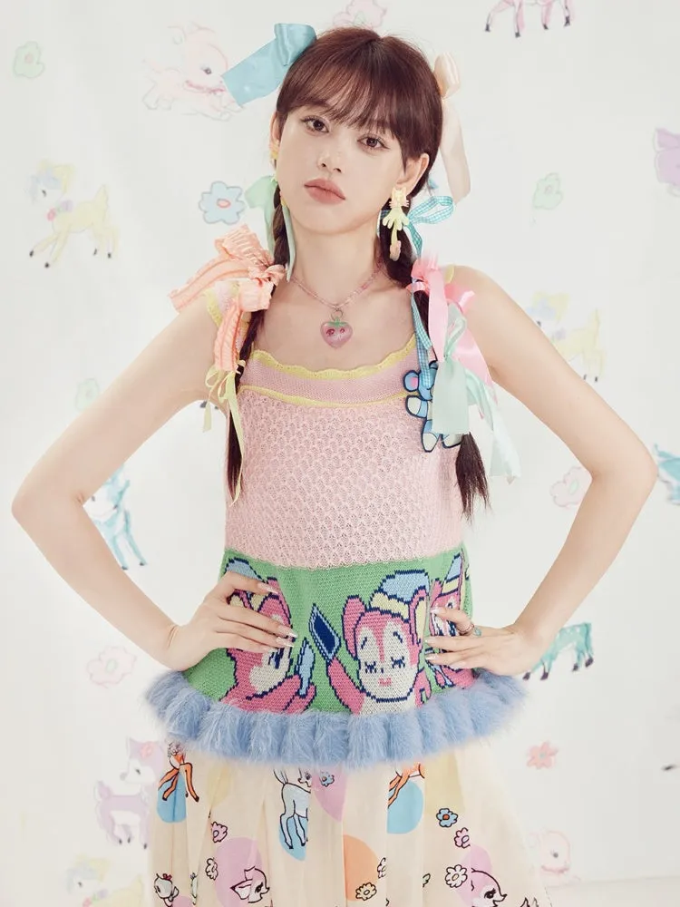 Shimizu Illustration Sleeping Bear Fur Edge Knit Camisole Sweater【s0000003659】