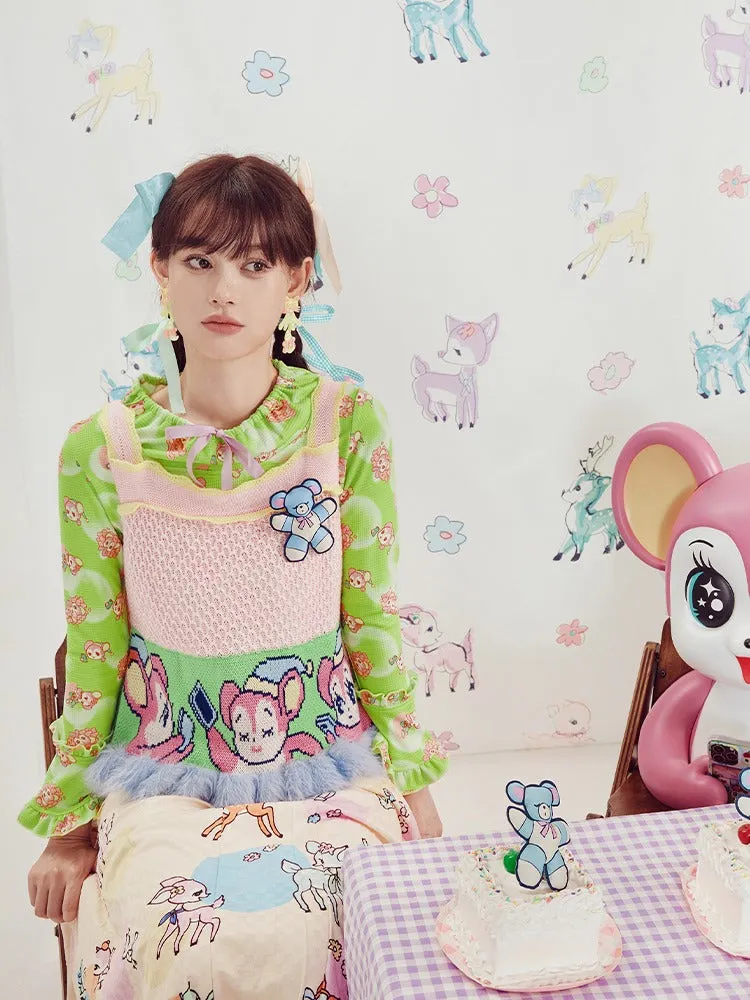 Shimizu Illustration Sleeping Bear Fur Edge Knit Camisole Sweater【s0000003659】