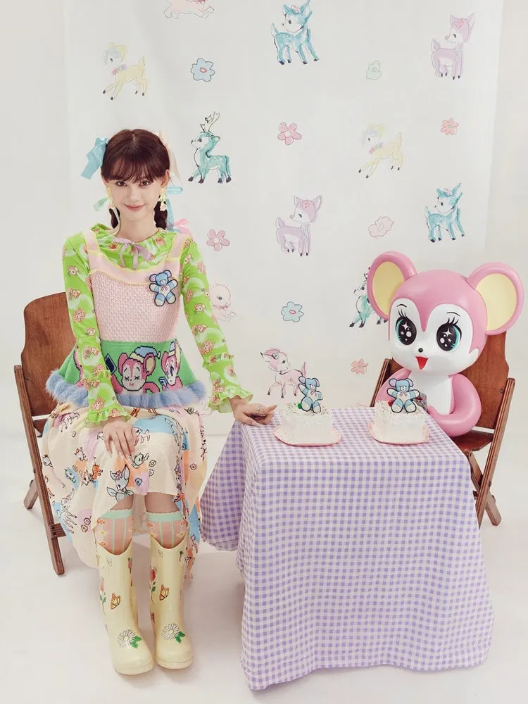 Shimizu Illustration Sleeping Bear Fur Edge Knit Camisole Sweater【s0000003659】
