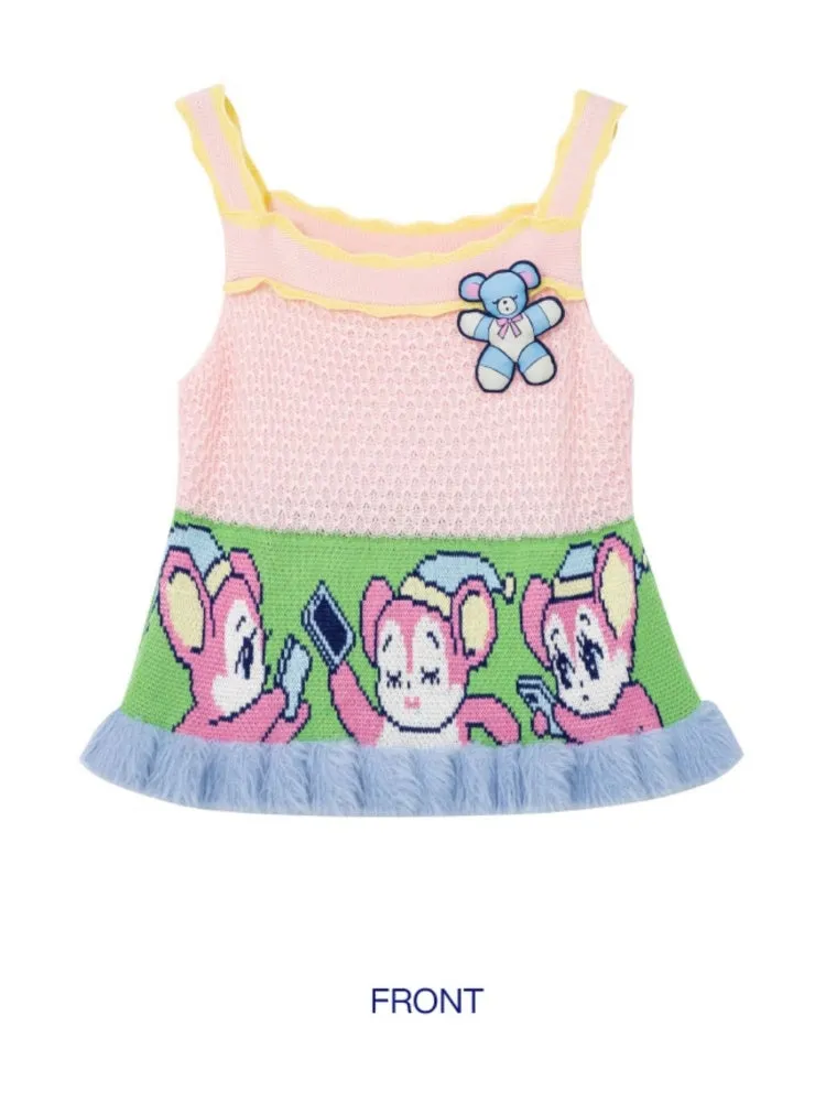 Shimizu Illustration Sleeping Bear Fur Edge Knit Camisole Sweater【s0000003659】