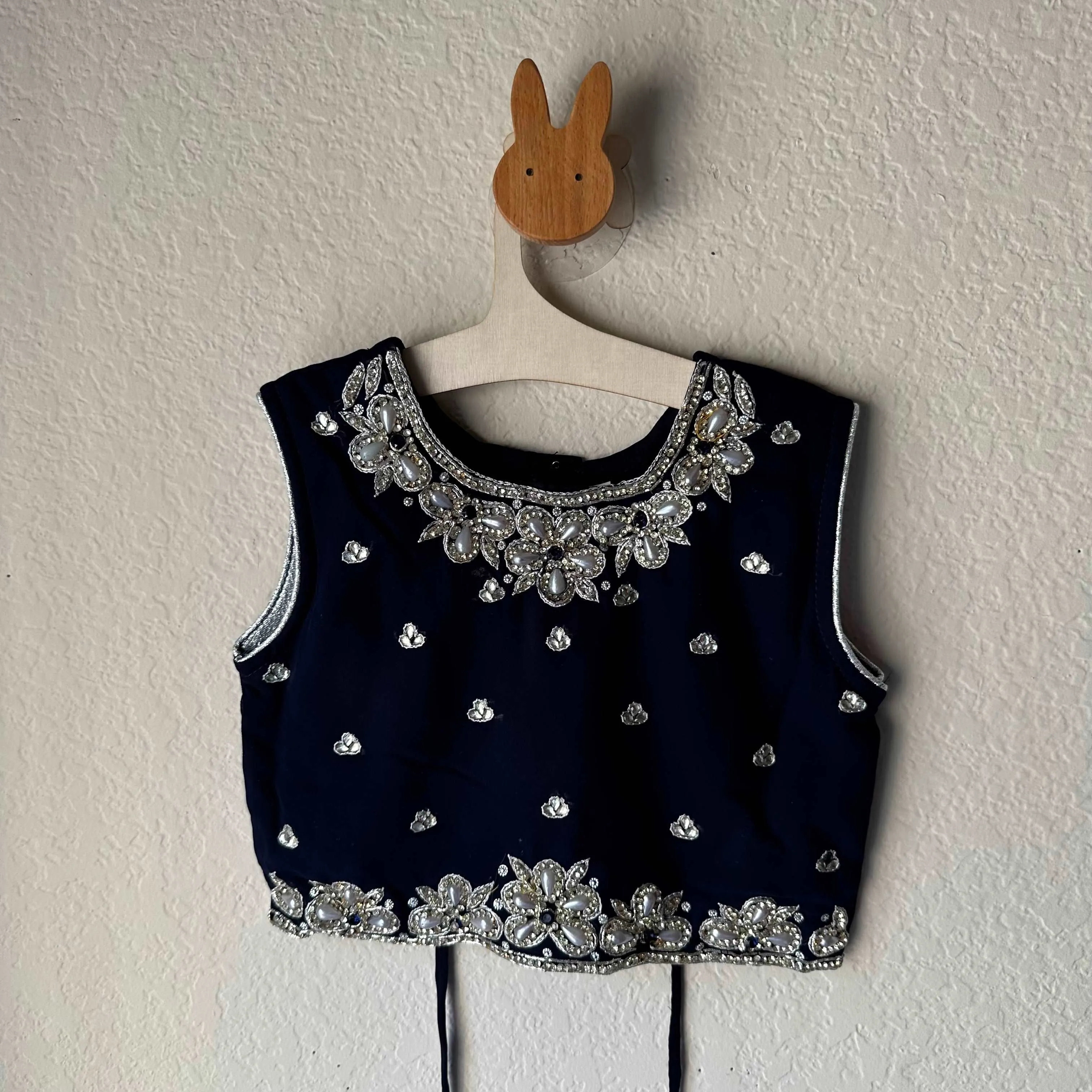 Silver 2 Tier Short Skirt with Navy Blue top with Stone Work