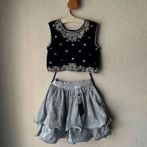 Silver 2 Tier Short Skirt with Navy Blue top with Stone Work
