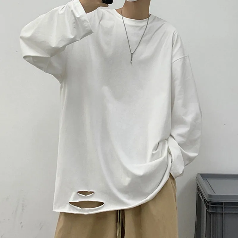 Solid Color Ripped Long Sleeve T-Shirt