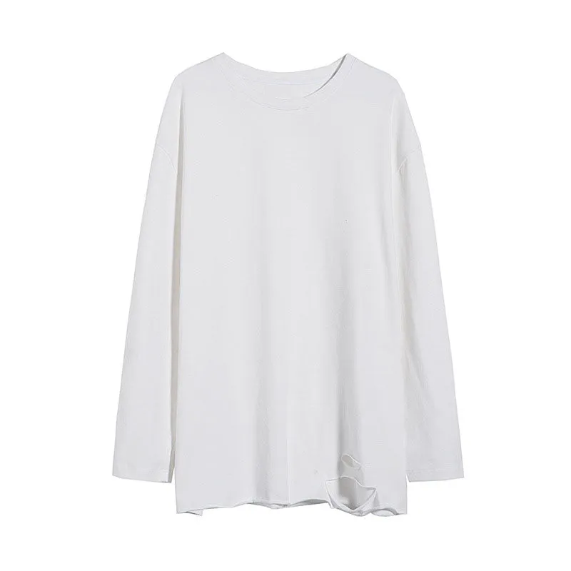Solid Color Ripped Long Sleeve T-Shirt